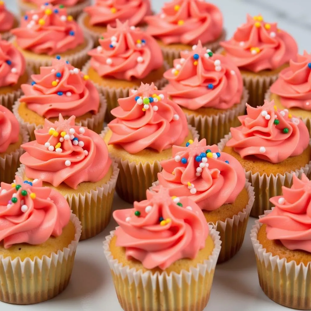 Coral Frosted Cupcakes with Sprinkles