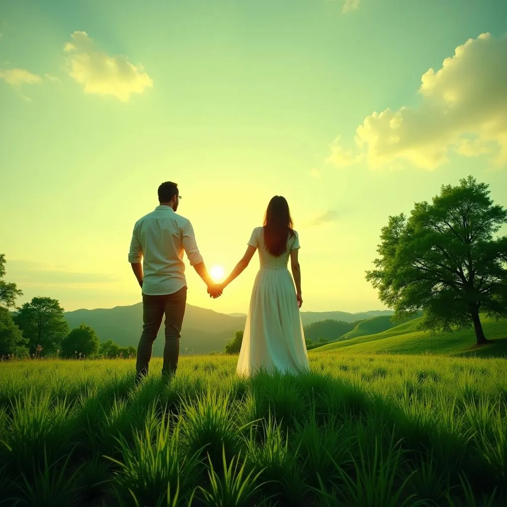 Couple holding hands surrounded by nature, symbolizing hope and fertility