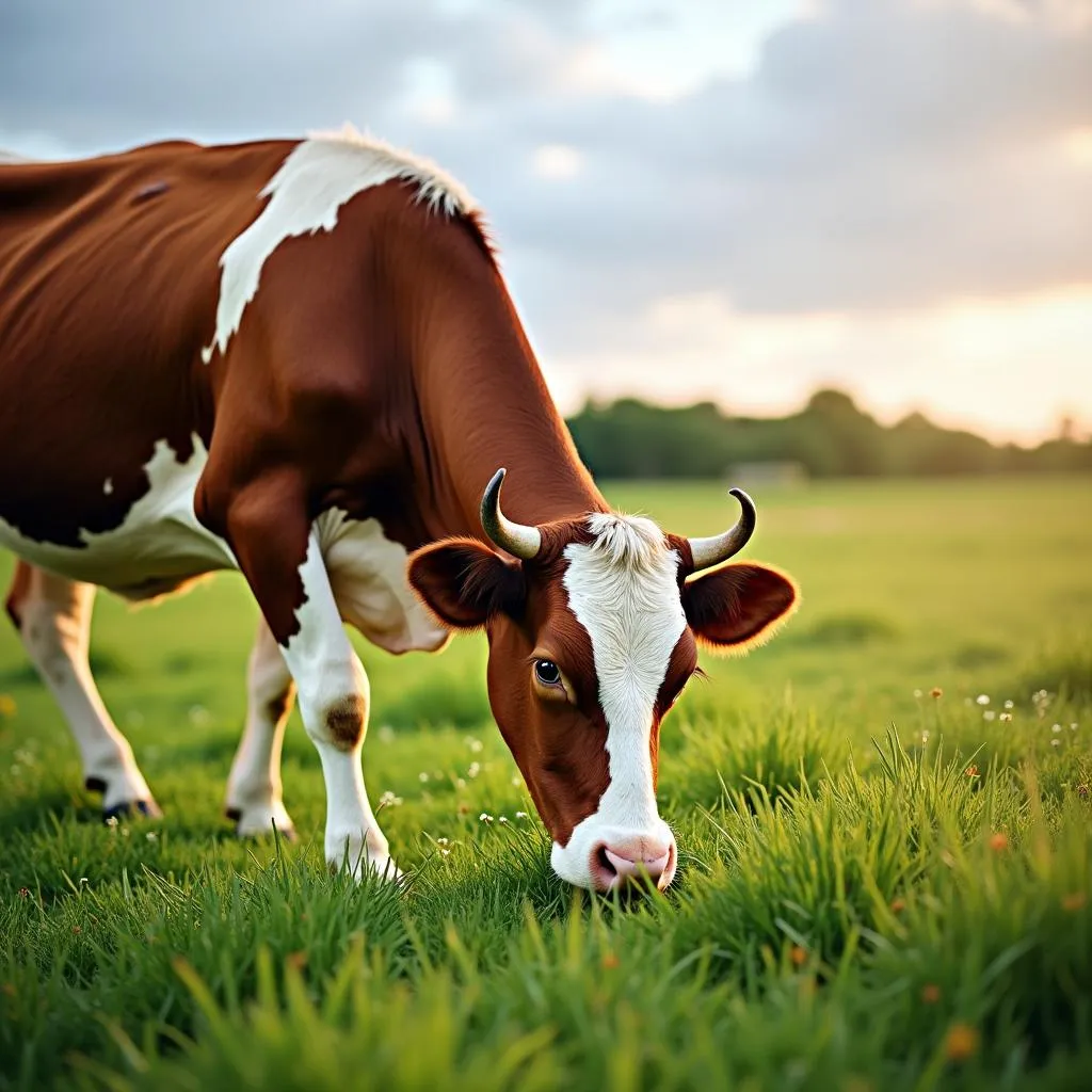 Cow grazing on green pasture