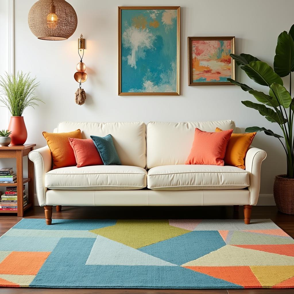 Cream Couch with a Patterned Rug