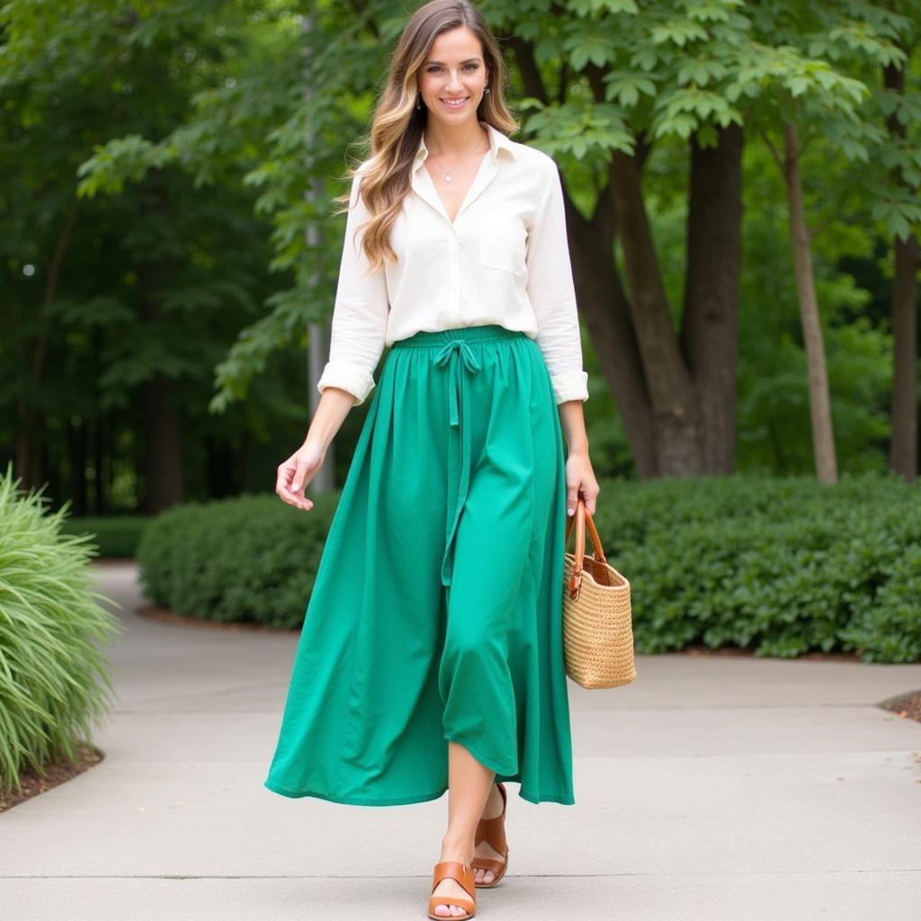 Cream Shirt with Emerald Green Skirt