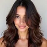 Dark brown hair with caramel highlights