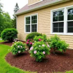 Dark brown mulch complements a tan house with lush landscaping.