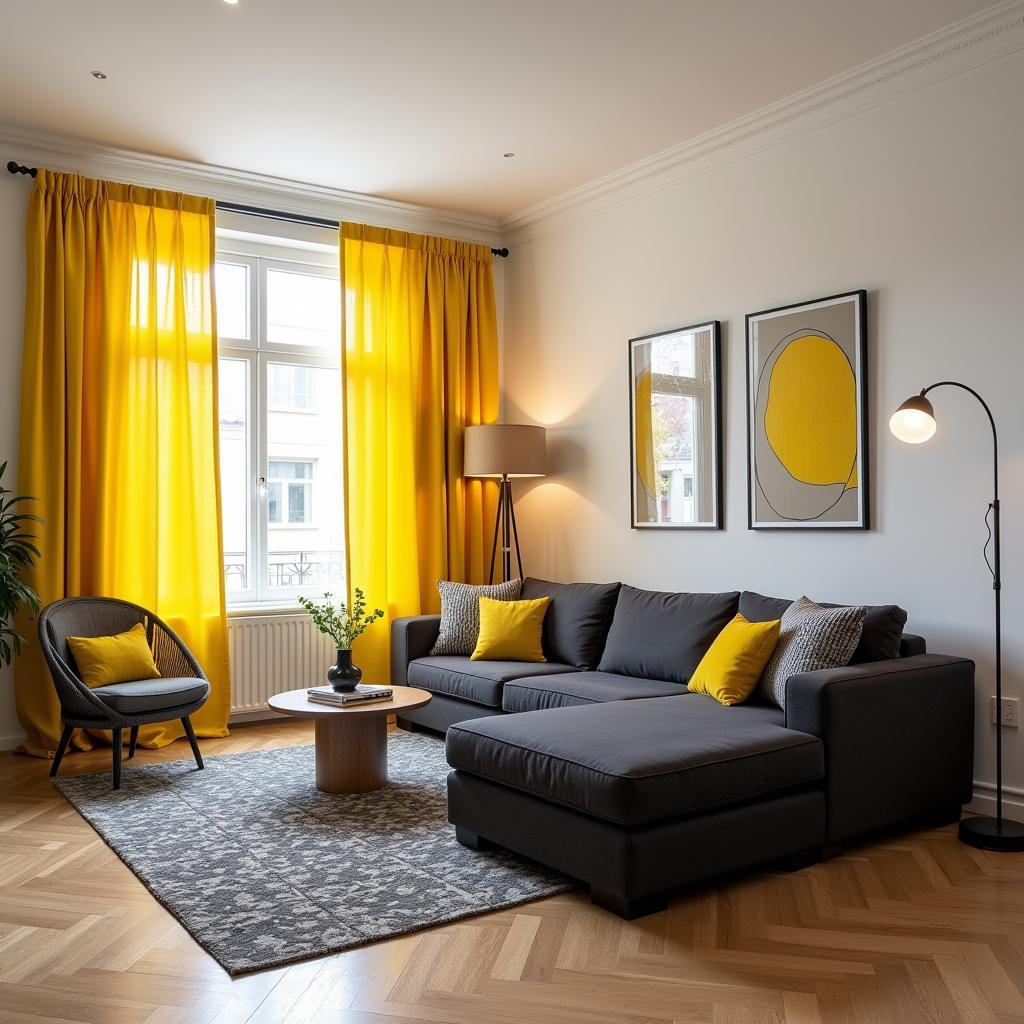 Modern living room with dark gray sofa and yellow curtains