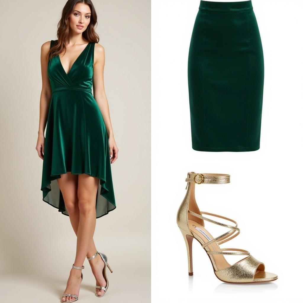 Woman in a dark green dress with gold metallic heels