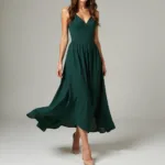 Woman in a dark green dress with nude heels