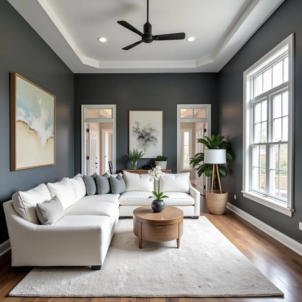 Dark Grey Living Room with White Trim