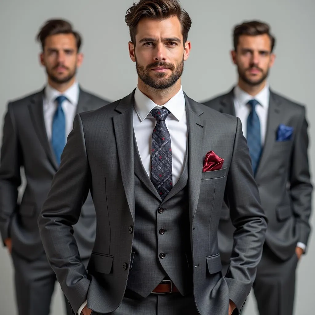 Man in a dark grey suit trying on different colored ties