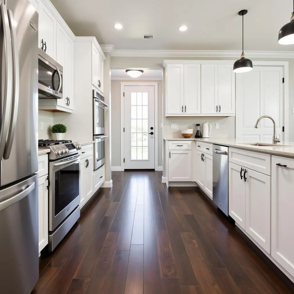 Contemporary kitchen with dark hardwood floors