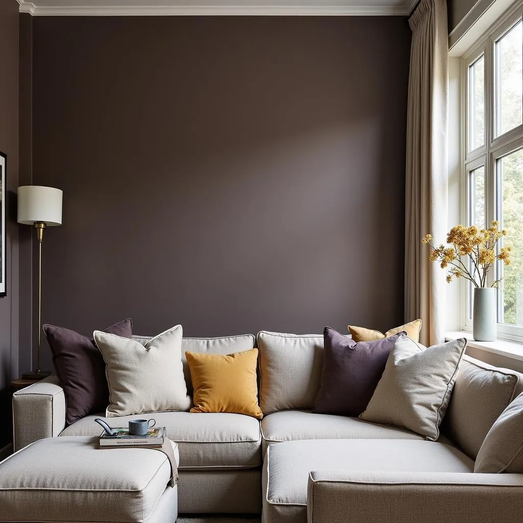 A stylish living room featuring dark heather accents.