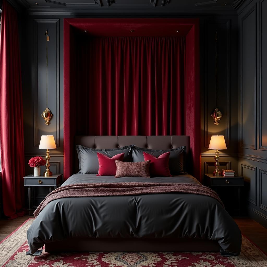 Dark Red Curtains with Gray Walls in a Bedroom