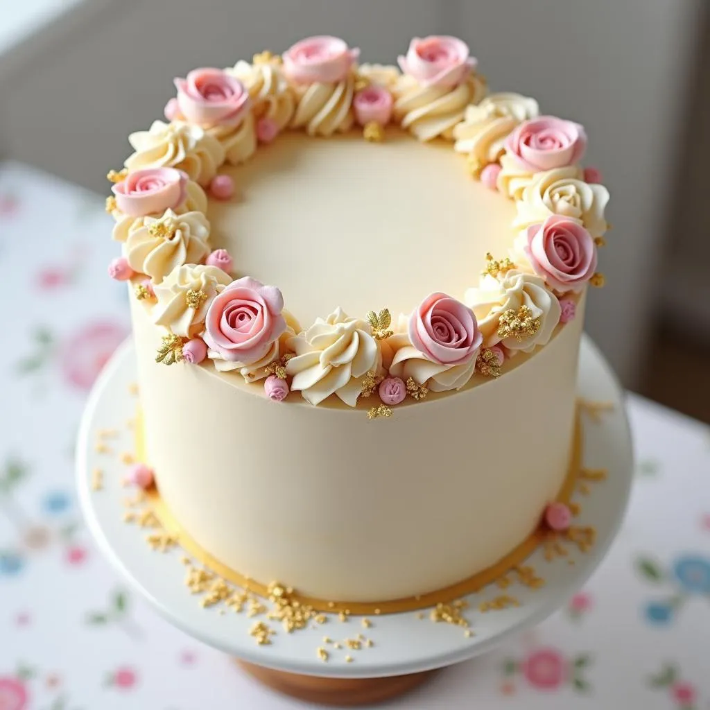 cake decorated with beige icing and flowers