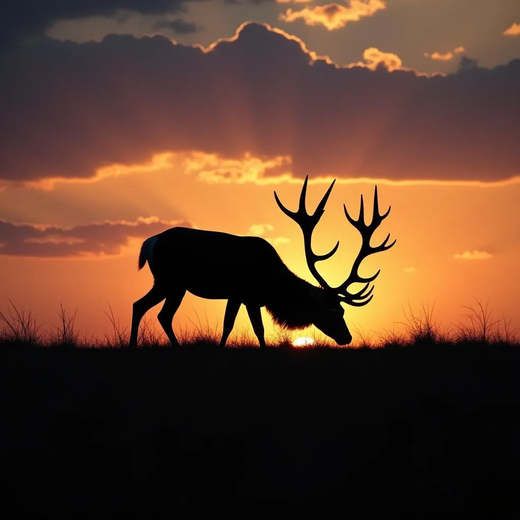 Deer grazing at dusk