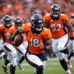 Denver Broncos players in orange jerseys during a home game.