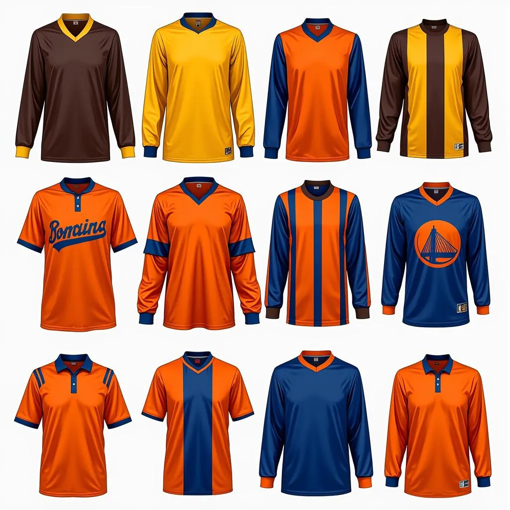 A collage showcasing the different jersey designs worn by the Denver Broncos throughout their history.