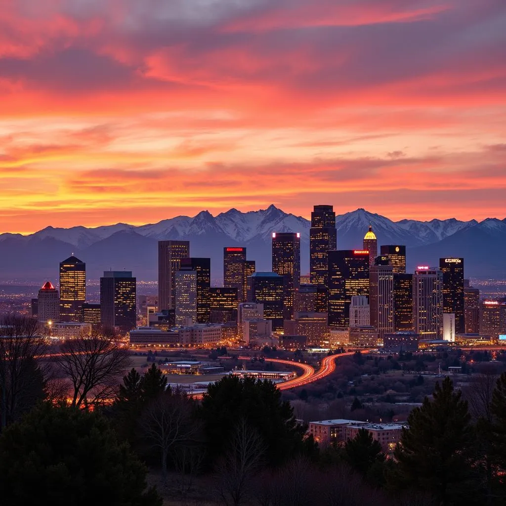 Denver's skyline at sunset