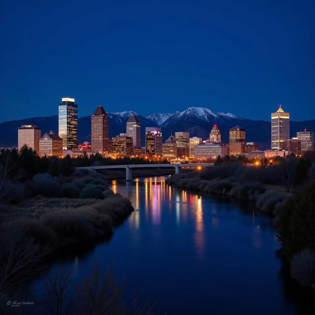 Denver skyline illuminated at night