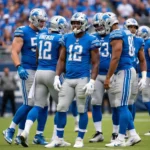 Detroit Lions players in their Honolulu Blue and Silver uniforms