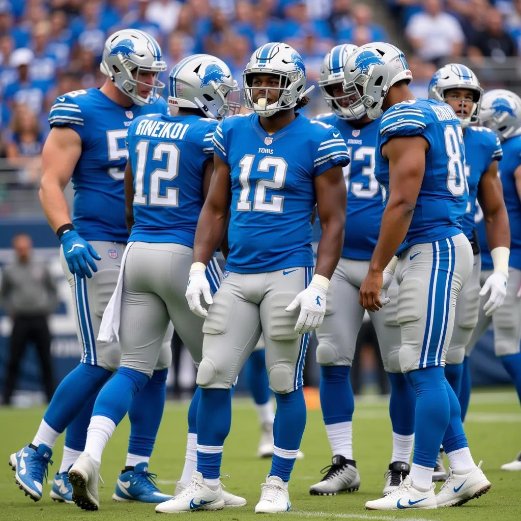 Detroit Lions players in their Honolulu Blue and Silver uniforms