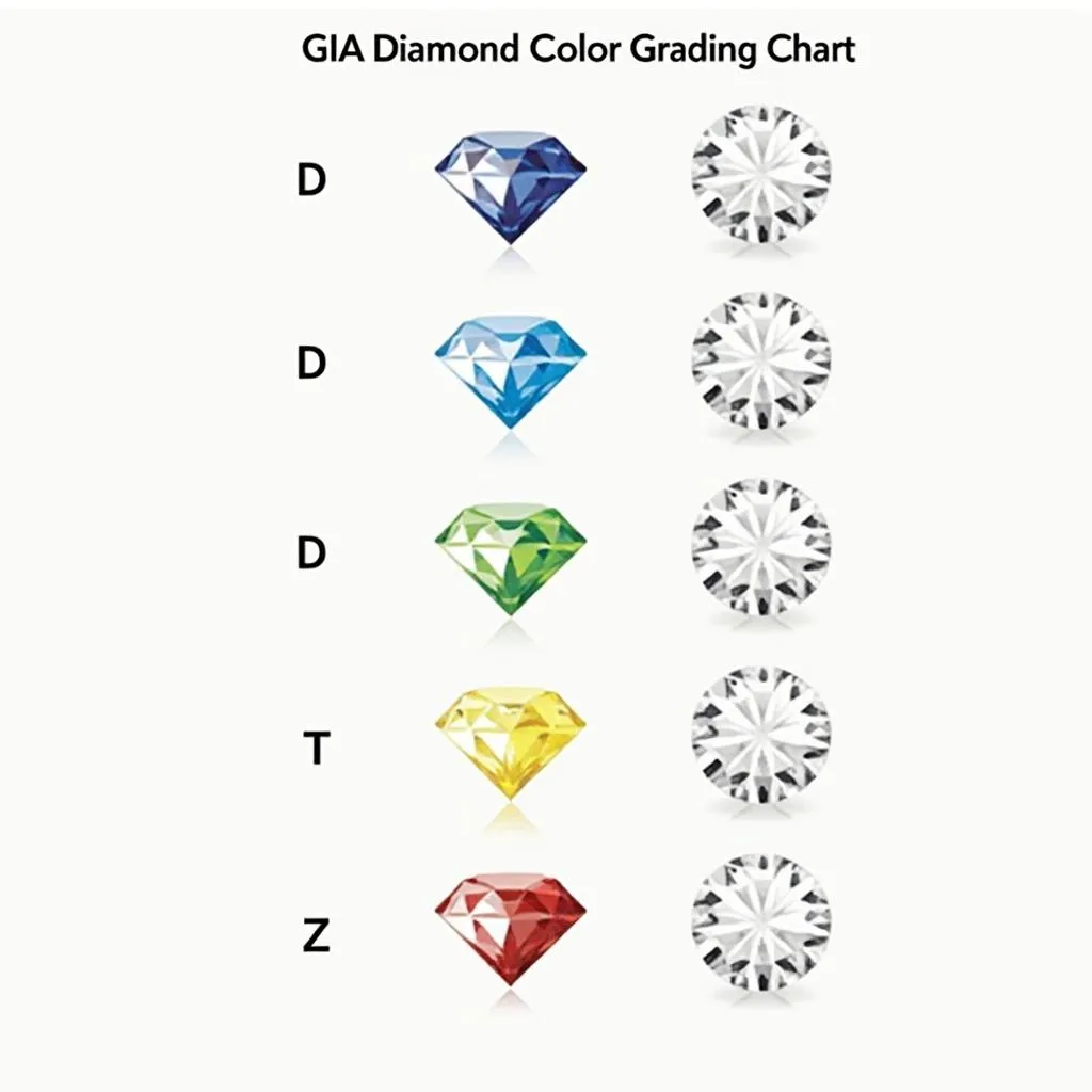 GIA diamond color grading chart showcasing the D-to-Z scale with corresponding diamond colors.