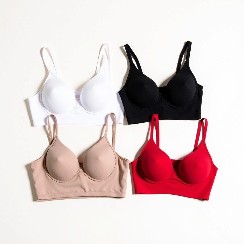 Various bra colors against a white background