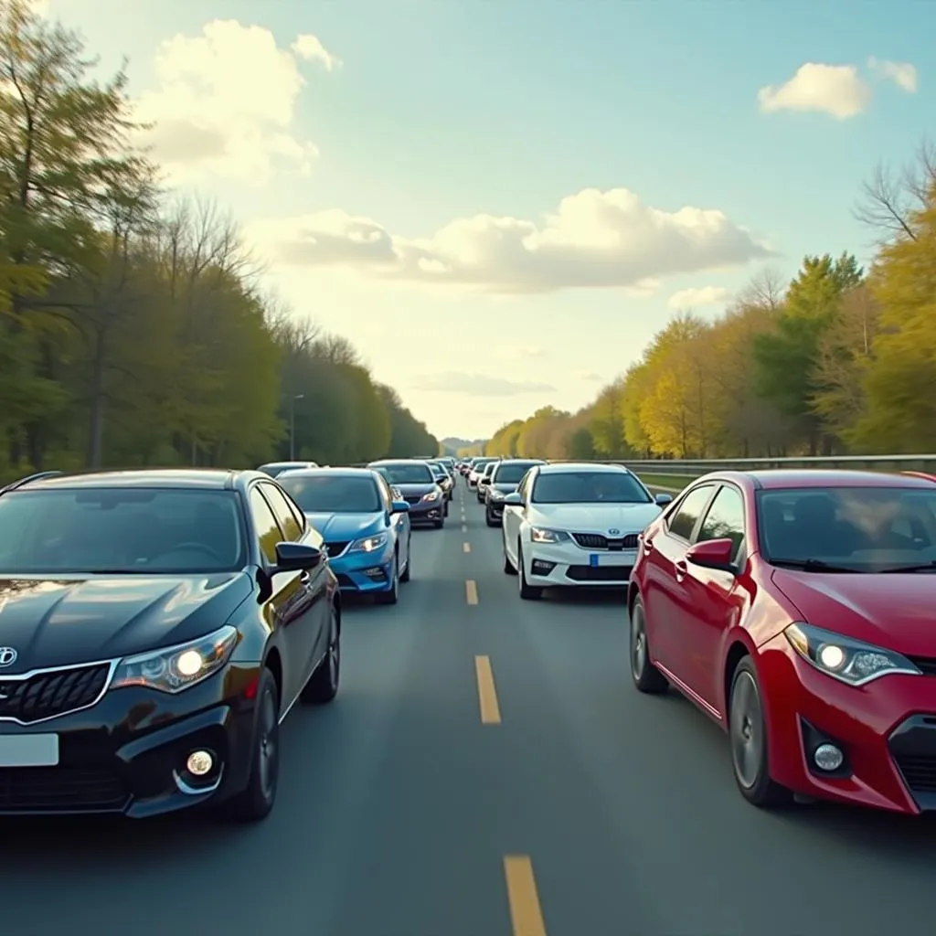 Cars of various colors driving on the road