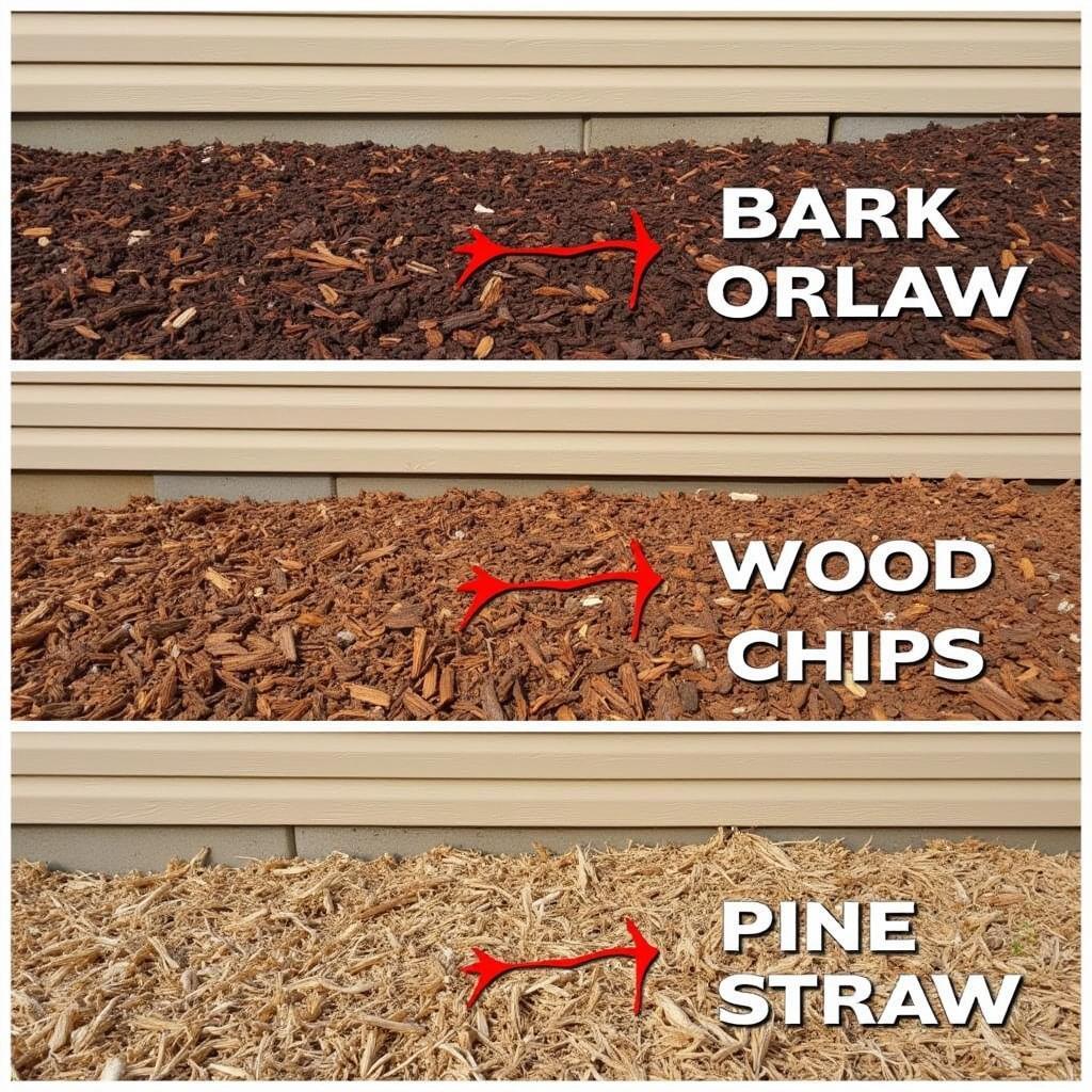 Different mulch types compared against a tan house backdrop.