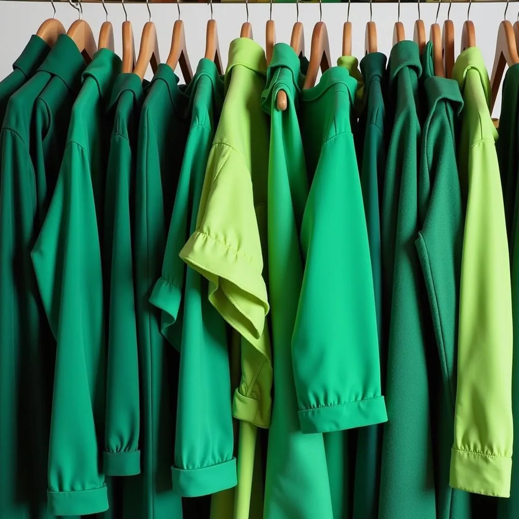 Various shades of green clothing displayed on a rack.