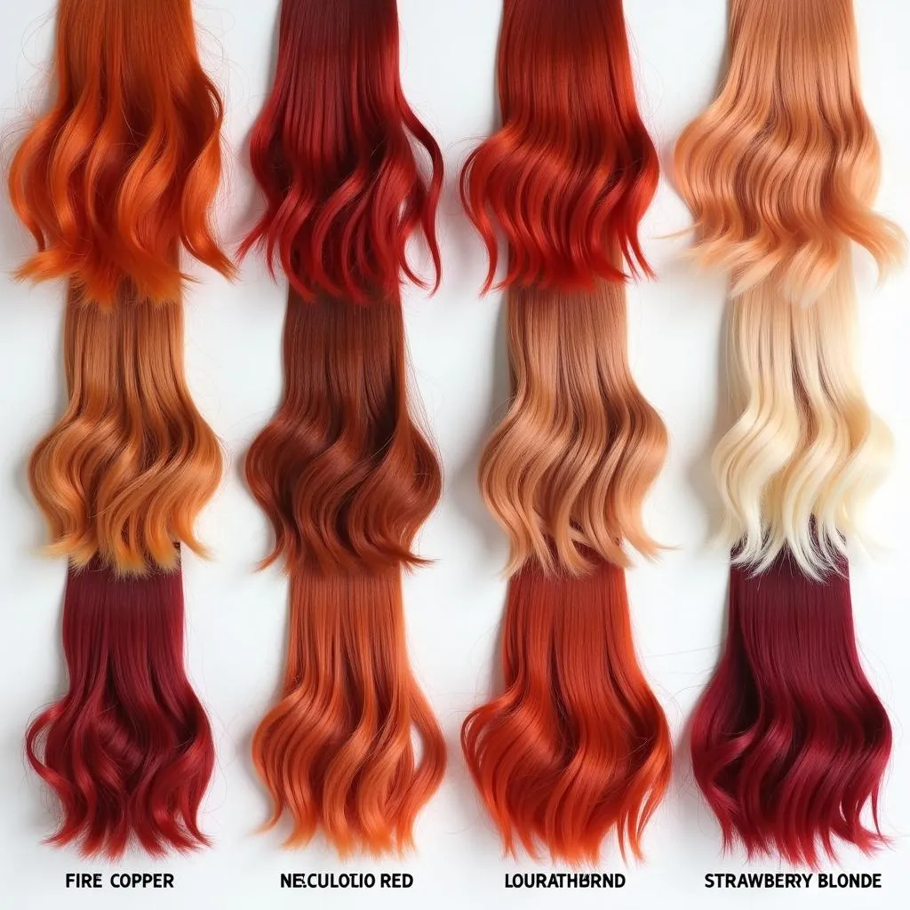 Different shades of red hair color swatches