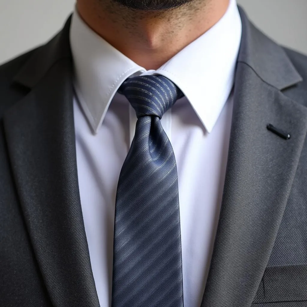 Close up of different tie knots tied on a dark grey suit