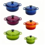 Discontinued Le Creuset Colors in Cobalt Blue, Cassis, Flame, and Kiwi.