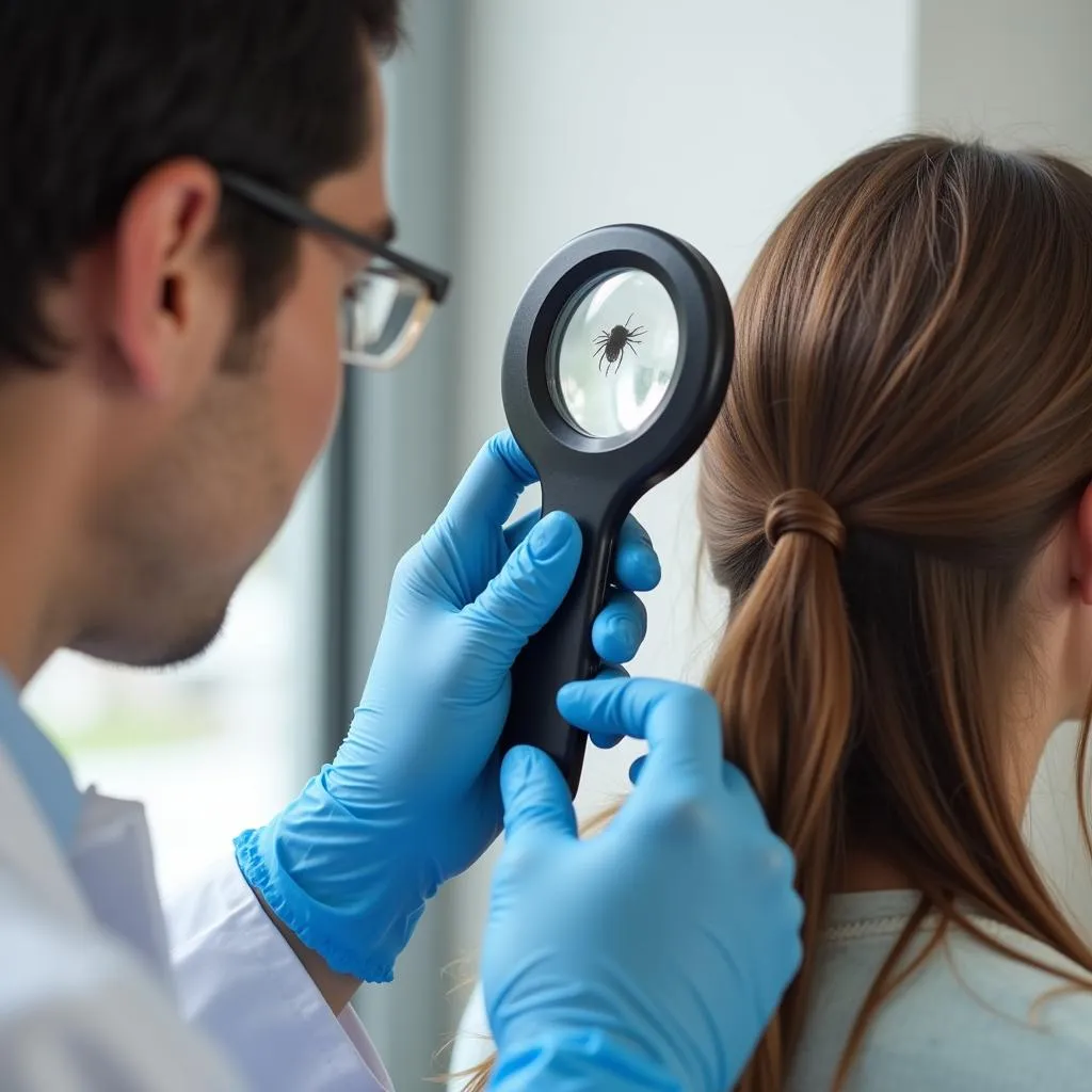 Doctor examining patient's scalp for lice