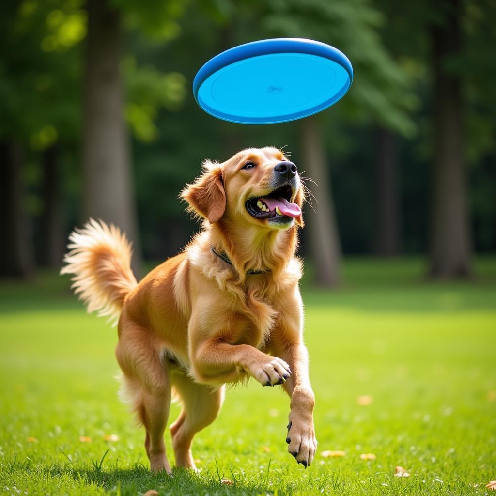 Dog playing with a blue frisbee in the park