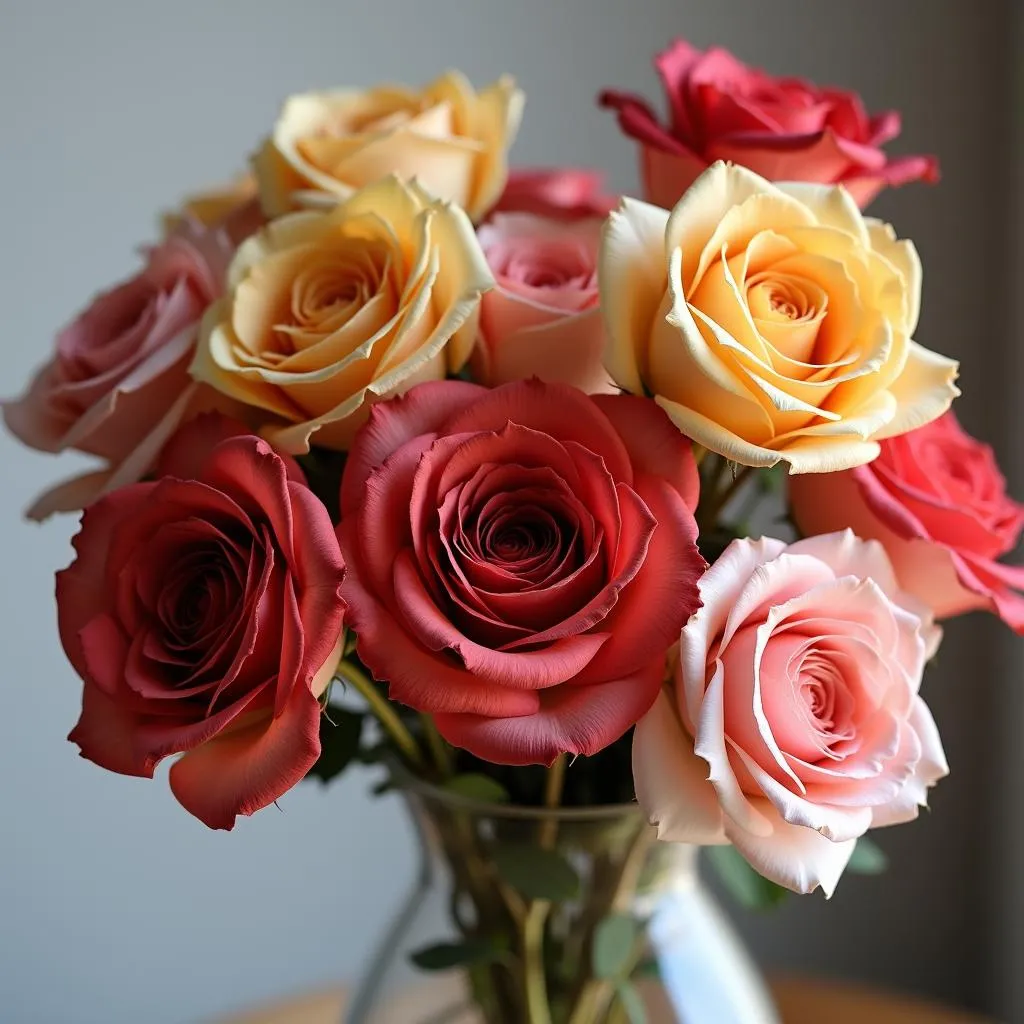 Various dried roses arranged in a vase