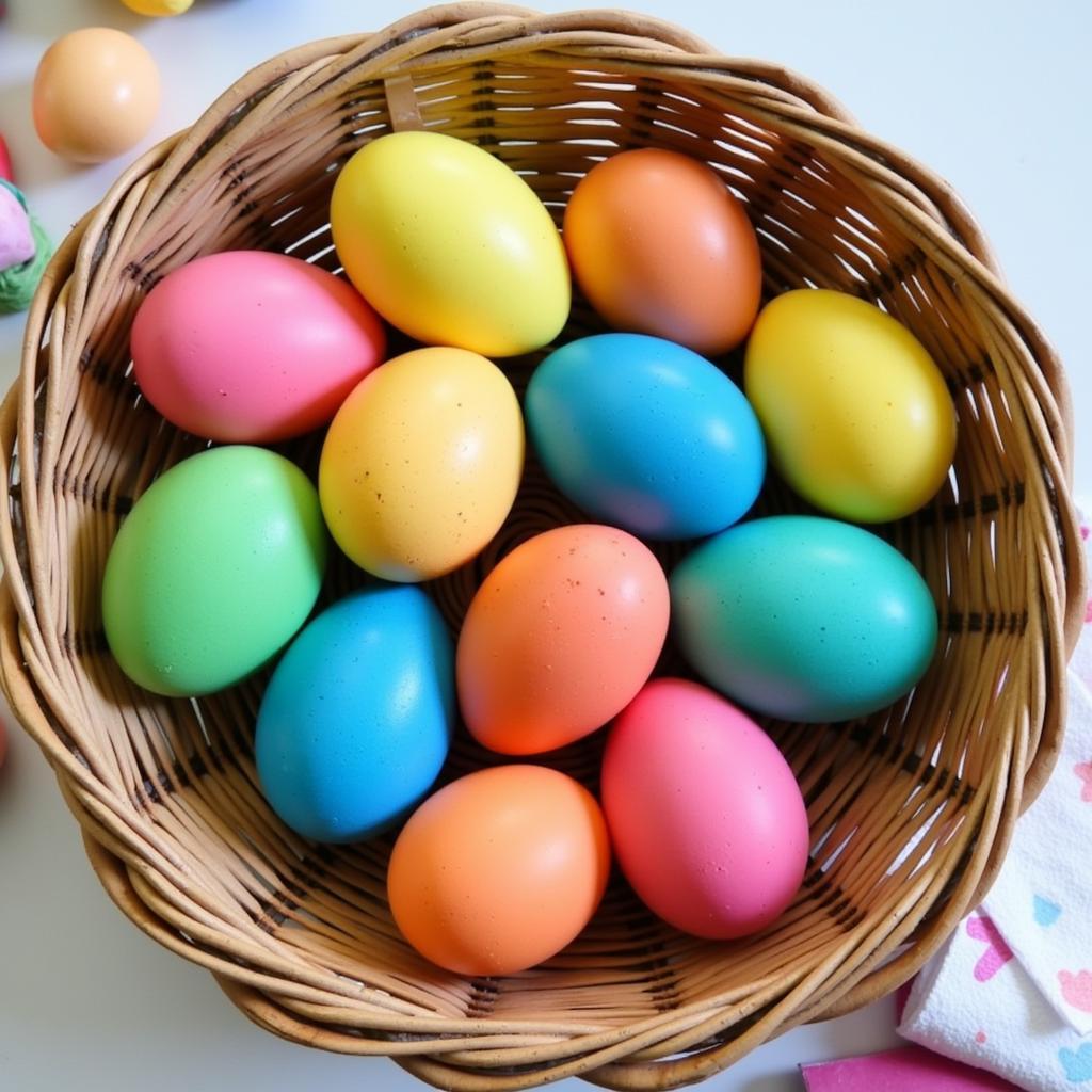 Colorful Easter eggs dyed with Kool-Aid arranged in a basket.