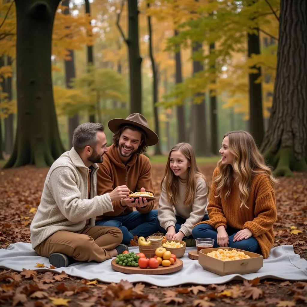 A family wearing olive green and brown outfits sitting on a blanket in the woods