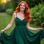 Woman with ginger hair wearing a forest green dress