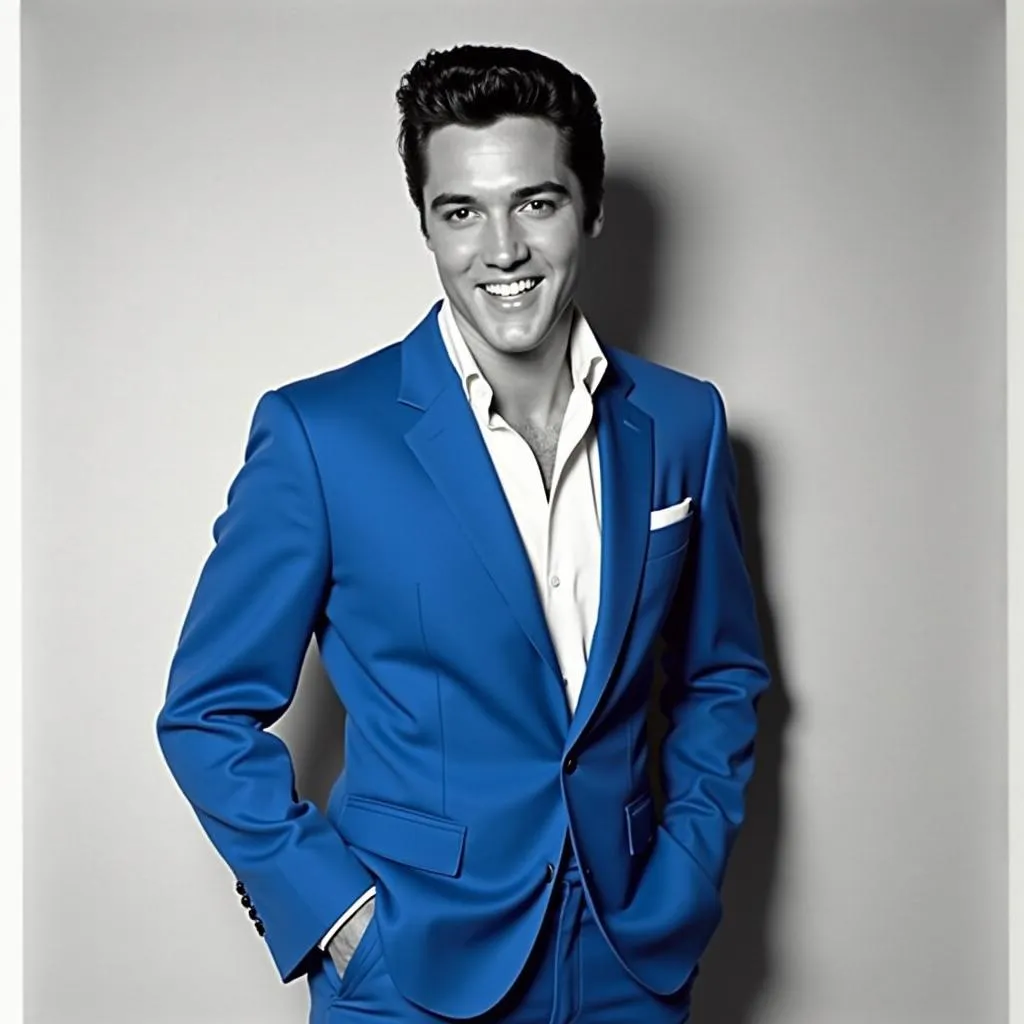 Elvis Presley in a blue suit, posing for a photograph.