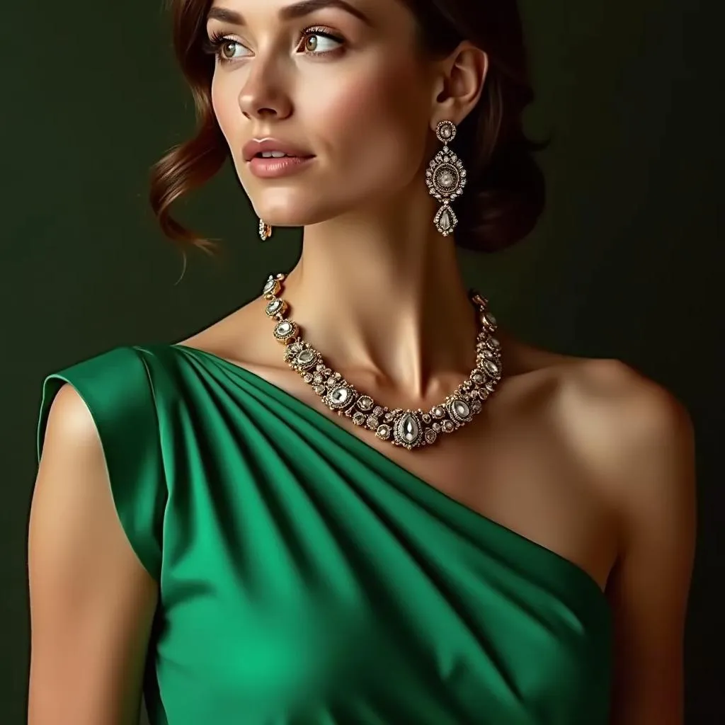 Emerald Green Dress with Gold Jewelry