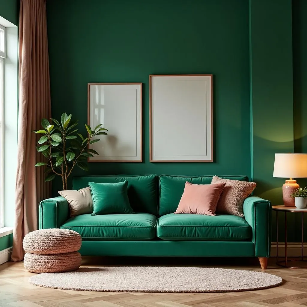 Living Room with Emerald Green and Rose Gold