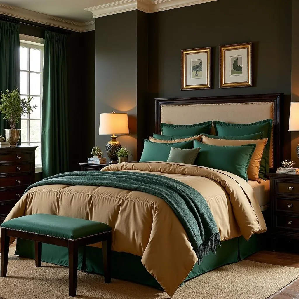 Emerald green sheets paired with a tan comforter