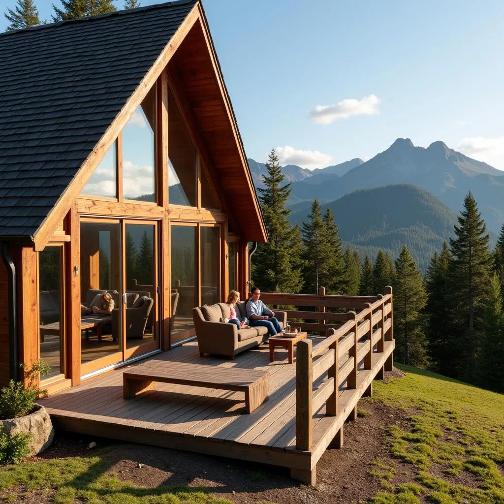 Family enjoying the view from their A-frame deck