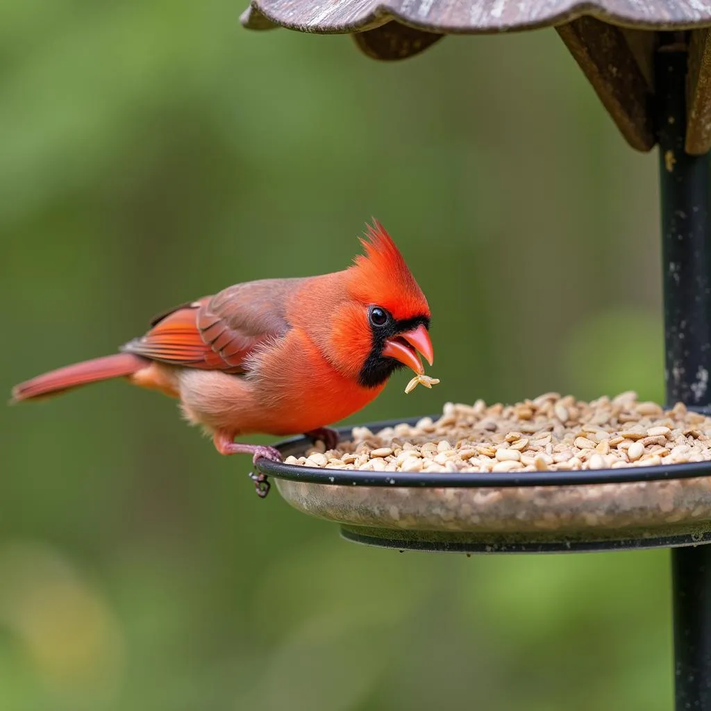 Female Cardinal Feeding on Sunflower Seeds