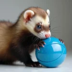 A ferret playing with a blue toy