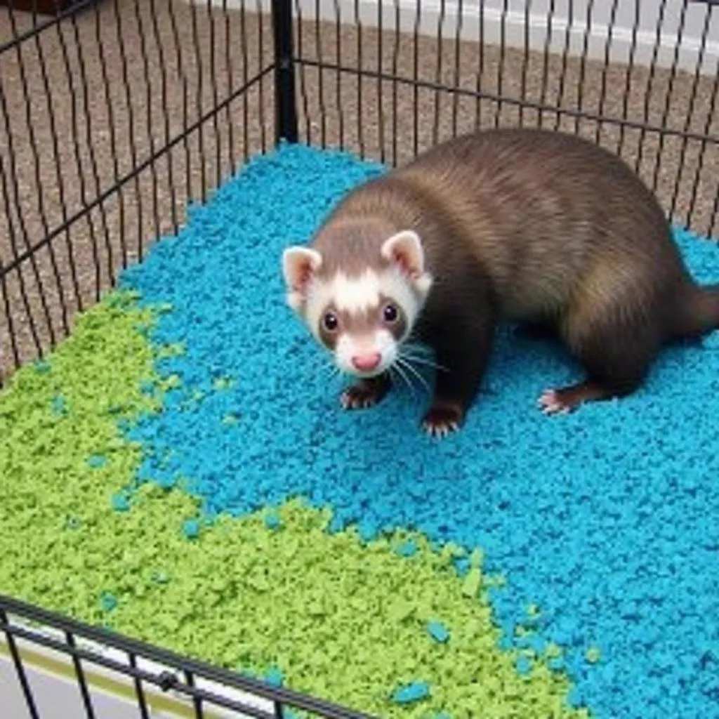 Ferrets in a cage with blue and green bedding