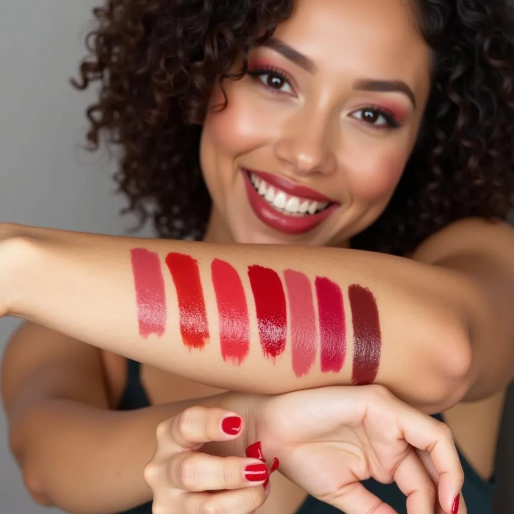 Woman trying on different shades of red lipstick