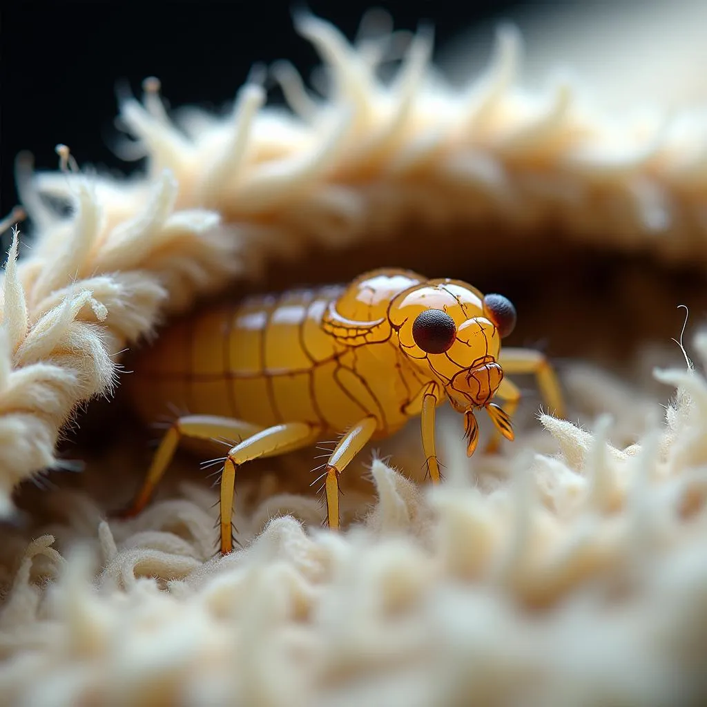 Flea larvae hiding in carpet fibers