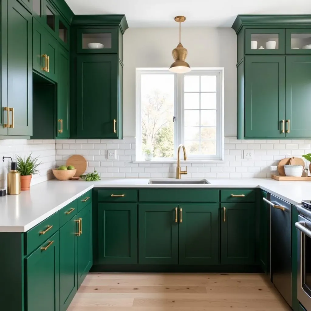 Forest Green Kitchen with White Cabinets and Gold Hardware