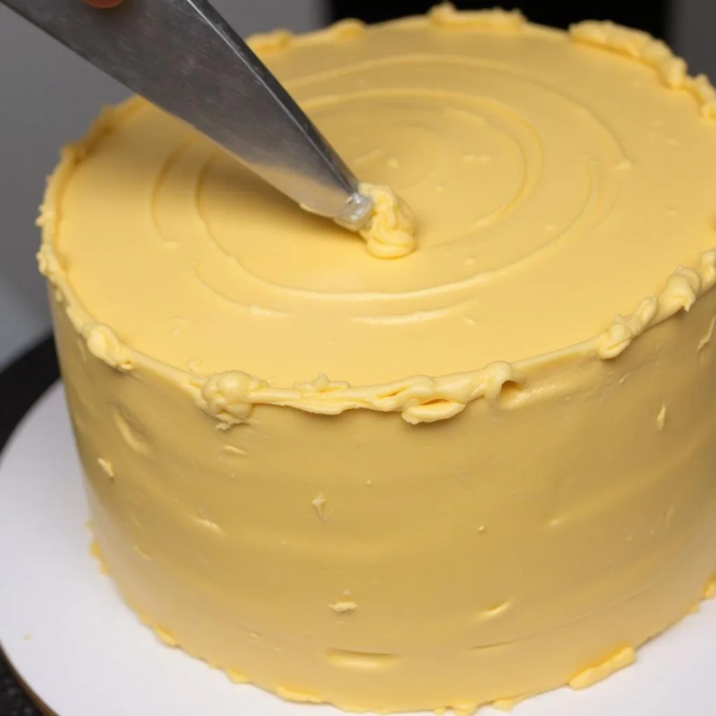 Frosting a cake with gold buttercream