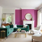 Modern living room with fuchsia accent wall and emerald green sofa